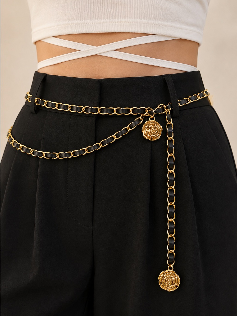 Vintage Inspired Gold Black Chain Belt Rose Charm Statement Accessory